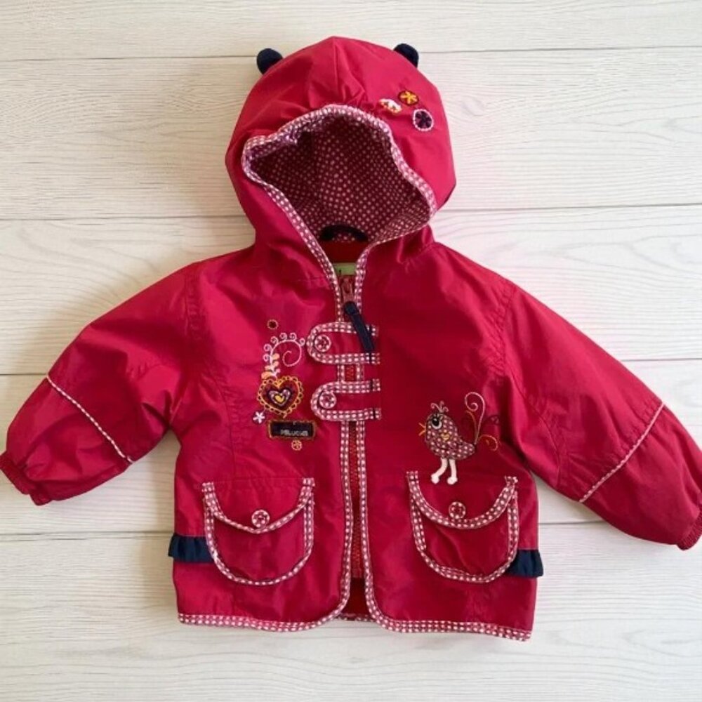 Peluche & Tartine Red Hooded Fleece Lined Hearts Bird Jacket 12 Months